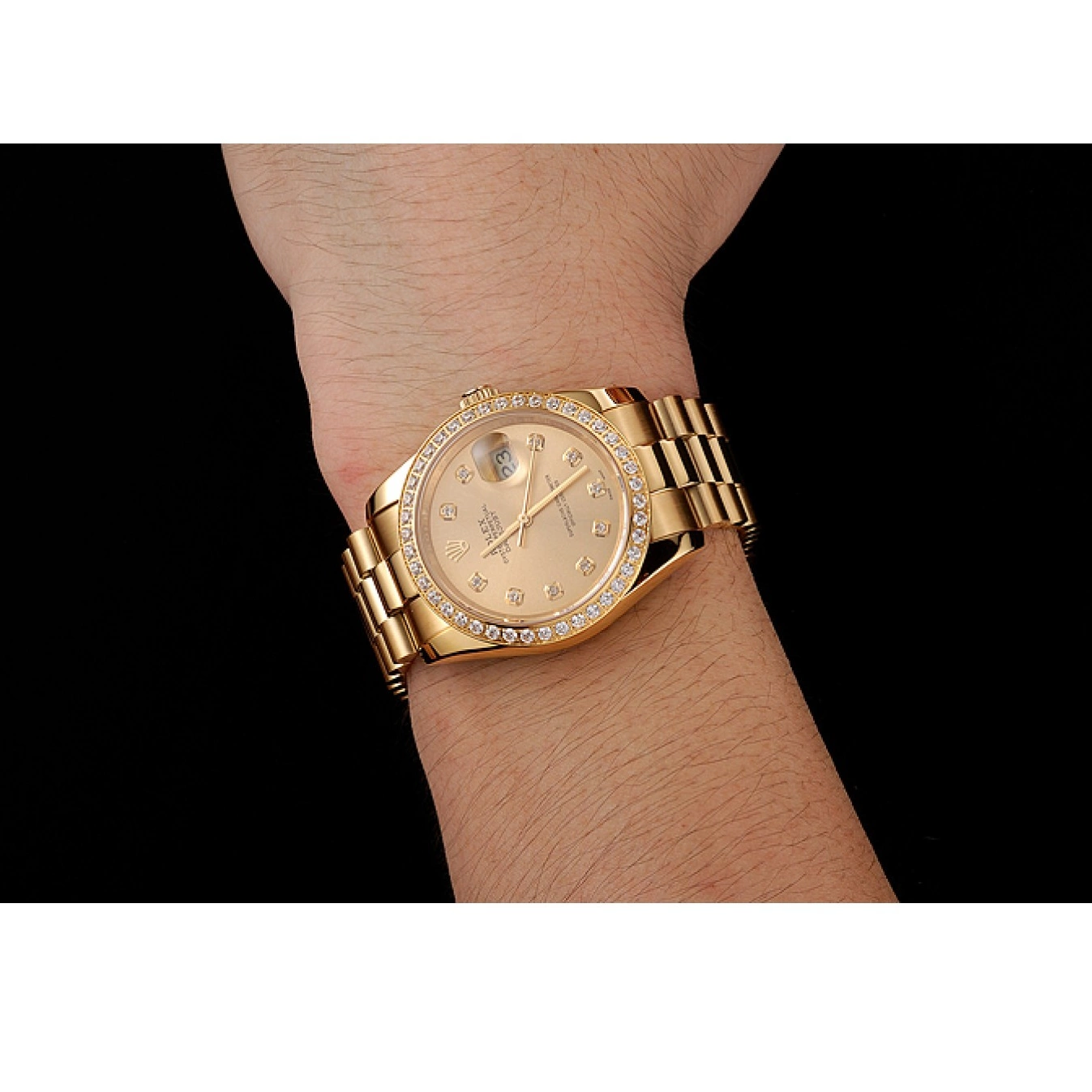 Aaa replica Gold Diamond Swiss Dial 1454097 Datejust Champagne Bracelet Rolex Bezel 0714